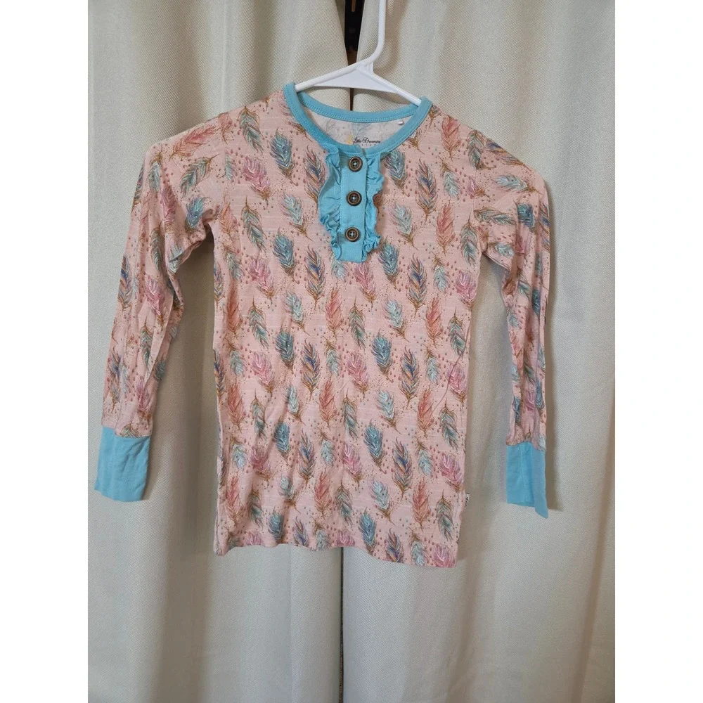 Little Dreamers Designs Kids 7T Pink Blue Feather Bamboo Henley Pajama Top